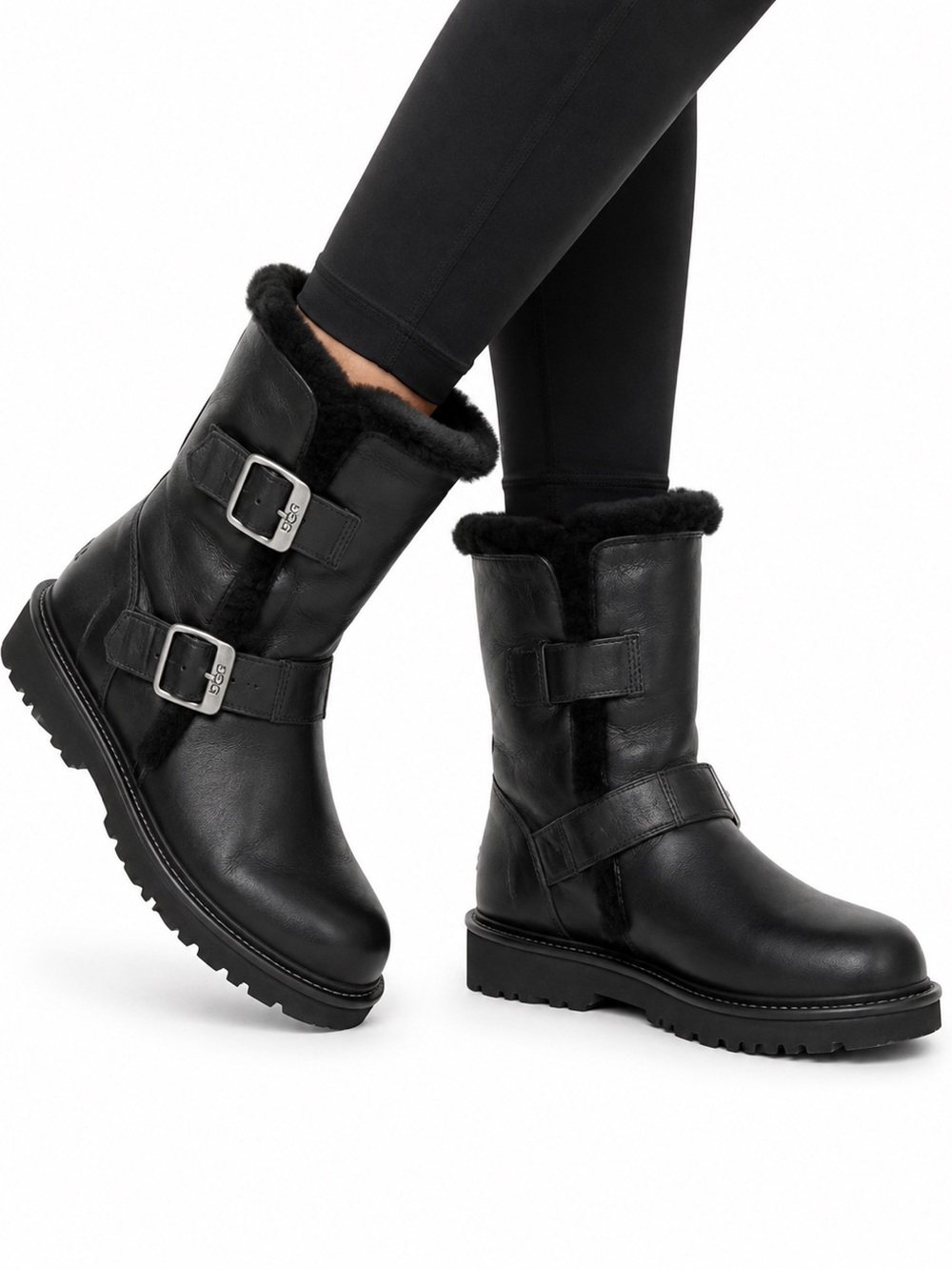 UGG Vintage Larkspur Black Leather Shearling Buckle Boots Women’s Size 6